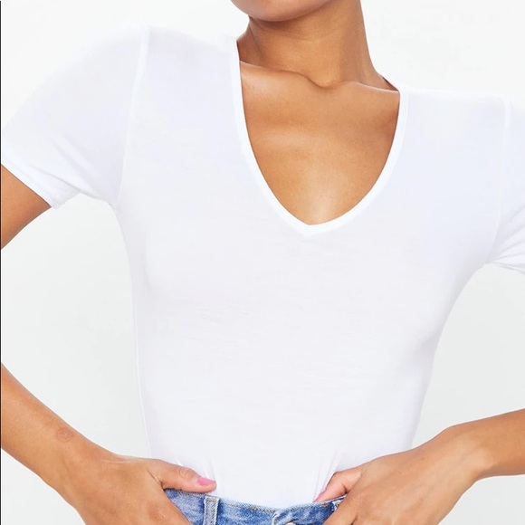 White V Neck Shortsleeve Bodysuit - Picture 1 of 5